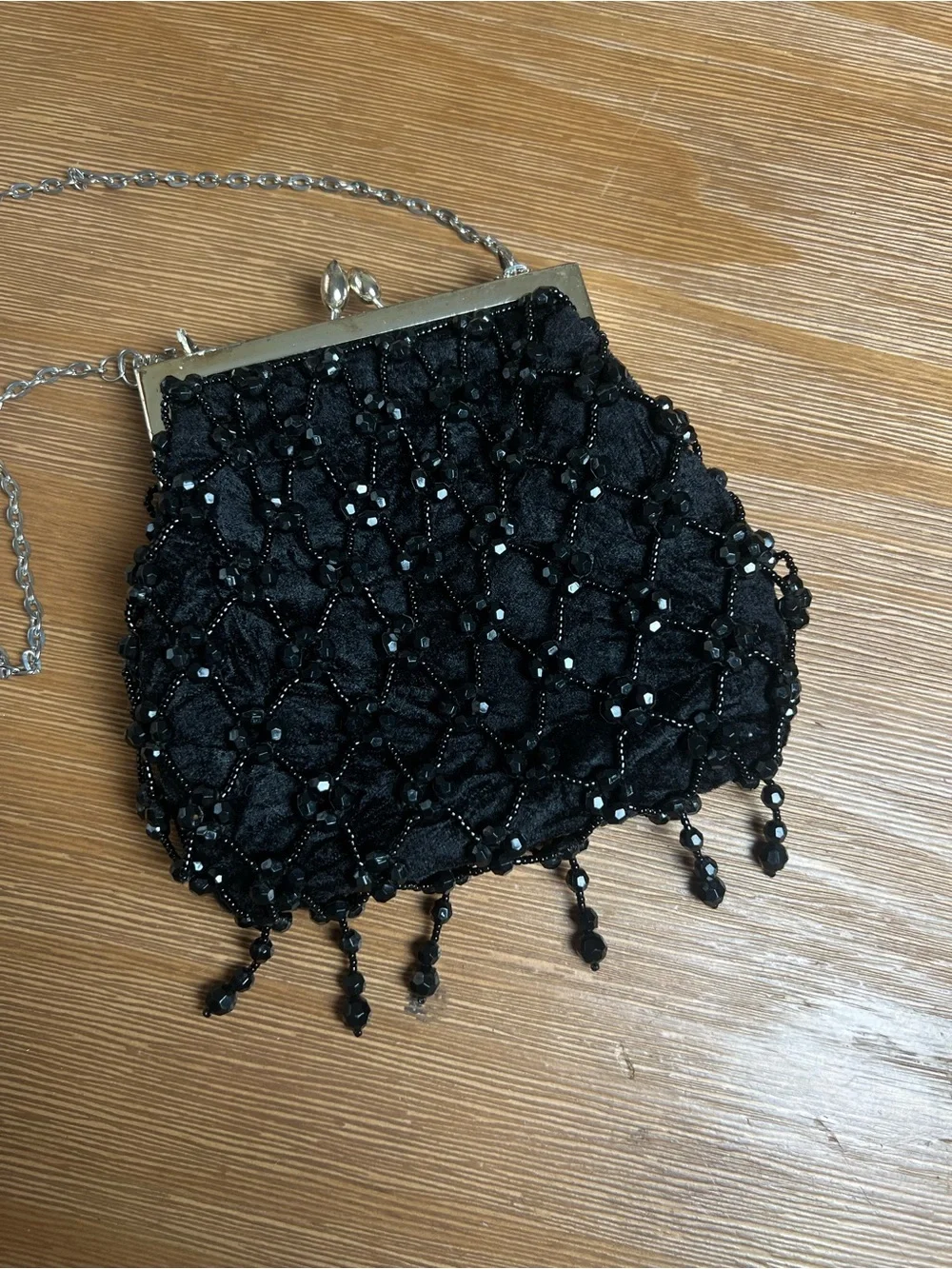 Vintage-Inspired Black Beaded Crochet Fringe Evening Bag